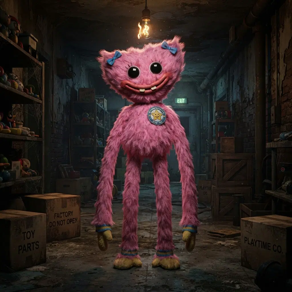 tall fuzzy plush toy mascot character, bubblegum pink fur, very long thin arms and legs, big round glass eyes that catch the light, wide stitched smile with small flat teeth, badge on chest with a smiling star factory logo, standing in a dim abandoned toy factory hallway with old cardboard boxes, one flickering light, slightly creepy but colourful, glossy 3D render, full body