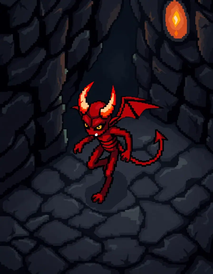 “32×32 pixel art, Diablo II style, small red demon, isometric angle, right foot forward, walking, dark fantasy dungeon lighting”
