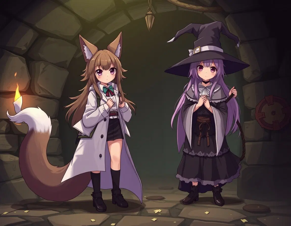 Anime style art dungeon setting 2 people: the scientist girl becomes a fury with wolf ears and a tail while the witch girl pets her