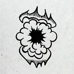 hand-drawn black ink illustration of a stylized explosion, jagged crown-like top and bottom, puffy cloud shapes, central dark burst, textured paper background, minimalist line art, bold outlines, high contrast, flat lighting, centered composition, monochrome, graphic design aesthetic.