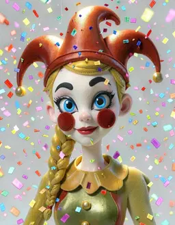 character portrait of female, a bright cartoon jester with a two-pointed hat and mismatched eyes, fully clothed, toon rabbit, confetti burst, circus cheeks, noodle arms, plush, spotlight, in the style of The Amazing Digital Circus, glossy 3D cartoon render, toy-like character, vivid saturated colors, theatrical spotlight lighting, head and shoulders, facing forward, plain flat white background