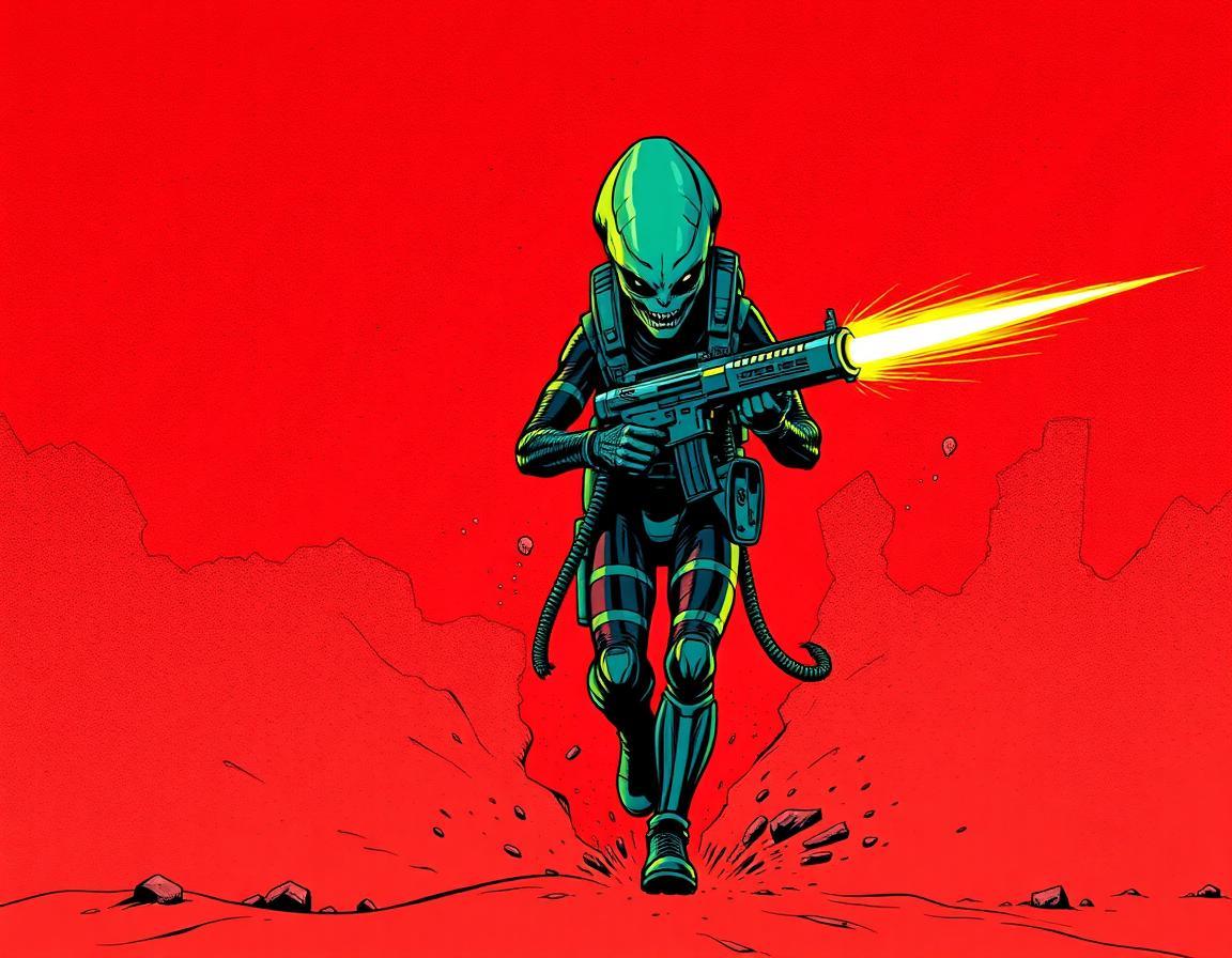 Alien bounty hunter with plasma gun walking through a red sandstorm, comic book style, thick ink outlines, bold colors, dramatic lighting, 1980s graphic novel style
