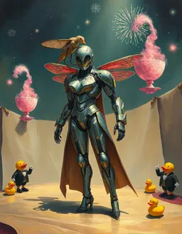 iron‑woman exoskeleton in full‑body armor stands at an absurd masquerade ball on aged parchment, a gigantic biomechanical dragonfly perched on her shoulder, neon‑pink fireworks swirling like candy floss, floating teacup towers wobbling on opposite edges, rubber ducks in tuxedos and a translucent banshee with a goofy grin scattered around. rendered as an oil painting with thick, textured brushstrokes, soft blended tones, rich saturated colors and luminous impasto highlights that give the scene warm, timeless depth. soft directional lighting casts dramatic shadows, a gentle beam highlights the heroine against a muted earthy palette under a star‑woven midnight blue and amethyst sky, composition following the rule of thirds with a dutch tilt.