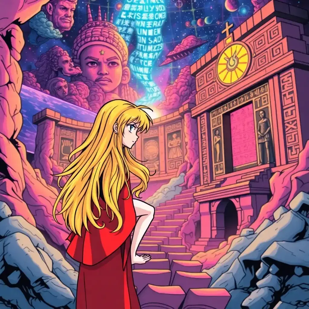 Design a spellbinding universe where vibrant colors and powerful narratives converge in a vintage comic book style. Let the protagonist be an anime-inspired figure with blonde tresses and infinite curiosity, stepping into an intricate hieroglyphic mosaic that sparkles with cosmic secrets.