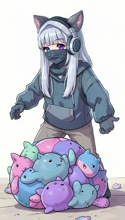 The character stands frozen as the plushies roll together into one massive, wiggly ball at the character's feet. The character appears exactly once — the same character, unmistakably, moved into the new pose. The pose, the scene and the framing can change as much as the joke needs.