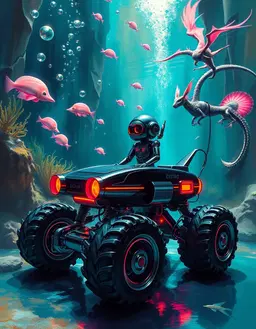 a vibrant googie robot, sleek chrome and matte‑black chassis with deep‑tread mud tires and hydrofoil rotors, explores a luminous coral reef filled with neon jellyfish, tropical fish and towering kelp, bubbles spiraling upward in sapphire‑turquoise water. nearby, a cyberpunk android muse with alabaster skin, violet eyes and silver circuitry veins stands beside a polished chrome robot in a dark modern office, while a metallic dragon unfurls its wings and a pink‑neon cyborg woman glows in pink‑red outlines. the scene unfolds within an abstract infinity room of shattered mirrors and silver cosmic dust, rendered in impressionistic brushwork with warm terracotta, ochre, rich green and mediterranean blue tones, dramatic chiaroscuro lighting.