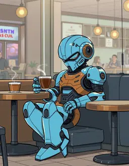 A stylish humanoid robot lounging at a quiet coffee shop, body language loose and unbothered, resting with a relaxed “eh, whatever” attitude while sipping motor oil from a tiny espresso cup, chibi mature anime illustration, detailed 2D linework, soft cel shading, Spriggan-inspired mechanical design, glossy blue candy-finished armor, refined and elegant rather than aggressive, cinematic cafe setting, drawn look,