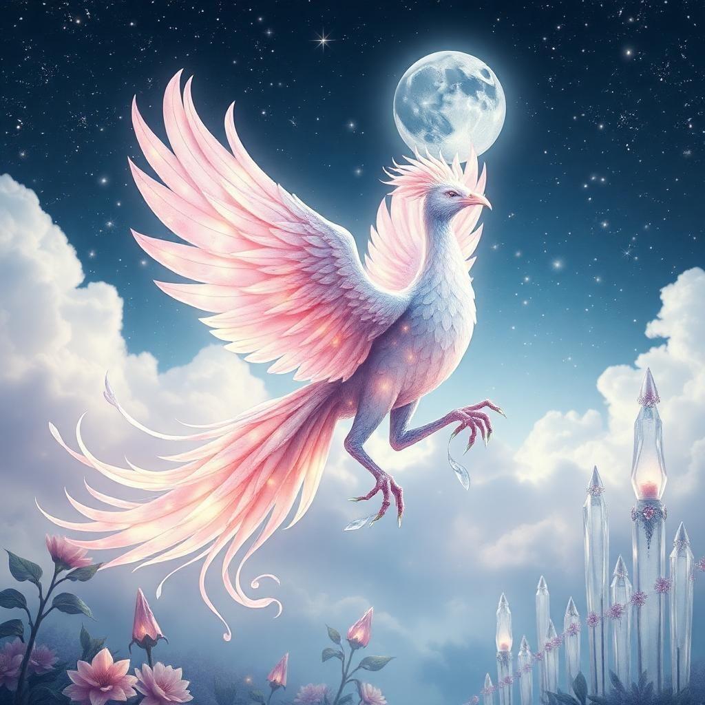 in a universe of infinite possibilities, behold a resplendent lunar phoenix, its body a soft, watercolor-hued mosaic of delicate opulence. iridescent feathers, gently stained with subtle lavenders and soft blues, hint at the shimmer of moonlit rainbows, each plume a masterful, hazy tapestry of constellations embroidered with dewdrop-like gemstones. as it soars through the star-strewn sky, the celestial creature leaves trails of delicate, watercolor-stained stardust in its wake, painting the heavens with an artistry of hushed luminescence. beneath its flight path, a whimsical land of fantastical flora, crafted from crystal structures that refract and reflect light, shimmers in the nocturnal glow with a faded, dreamlike quality, its delicate petals and leaves kissed with the subtle sheen of watercolor wash, while towering crystalline sculptures, adorned with delicate gemstones, seem to defy gravity, their misty facets glinting like the soft, iridescent petals of a watercolor-painted flower.