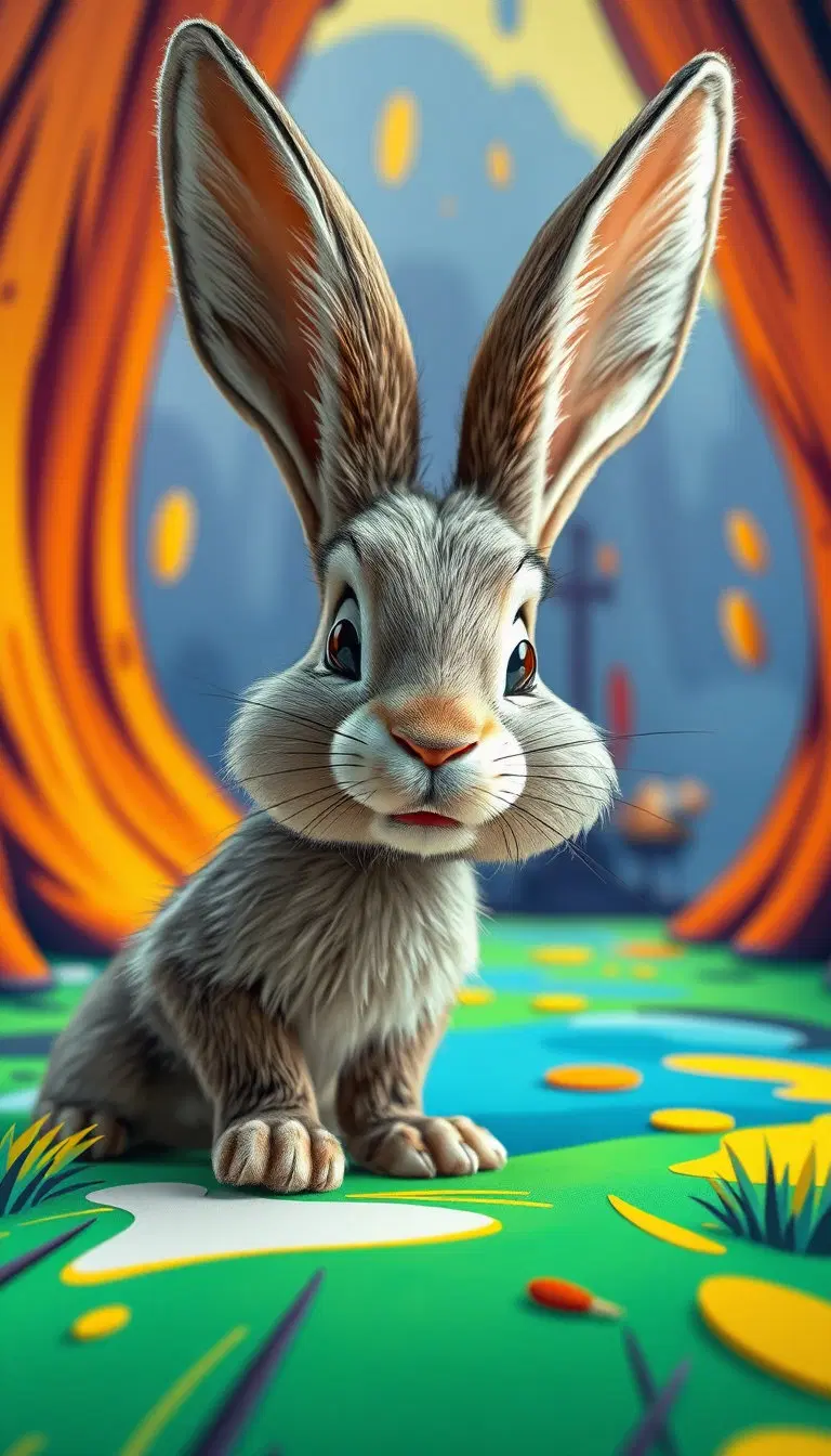 in a vibrant, cartoon-inspired world, a real-world rabbit figure emerges from a photorealistic backdrop, transposed onto a dynamic looney tunes animation canvas. the rabbit's textured fur and subtle facial expressions blend seamlessly with the exaggerated, hand-drawn characteristics of the looney tunes aesthetic. bright, primary colors dominate the scene, accented by touches of warm yellow and deep blue, reminiscent of classic cartoon posters. the overall effect is a whimsical, almost dreamlike fusion of reality and fantasy, as if the rabbit has stepped from the shadows of the everyday into a kaleidoscope of cartoon wonder.