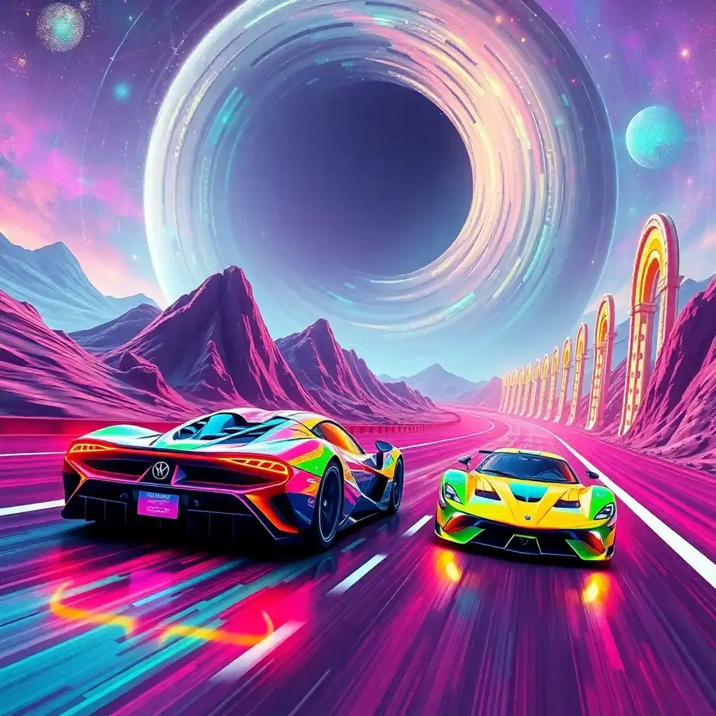 "a high-energy race scene featuring two high-tech, cybernetic <brightly colored candy-themed and 80s-inspired supercars, with bodies crafted from translucent plastic that filters the neon lights of the surrounding environment, displaying vibrant, pixel art graphics,> speeding down a <baroque-inspired, ornate cyberpunk neon-lit highway reminiscent of grand, sweeping architectural styles and gilded, intricately patterned opulence, decorated with sweeping arches, vaulted ceilings, and glittering, crystalline mosaics, vibrant tiles that filter and pixelate the view amidst the threat of a massive, swirling, all-consuming black hole, depicted in gritty, high-contrast technical drawing, with pastel hues of sugar-coated delights painted across the desolate backdrop, now amplified by the splendor of gilded gold leaf, gemstones, and ornate, curvilinear details, as if crafted by a master artisan, rather than a futuristic engineer> amidst the rainbow-colored hills composed from the very tiles that make up the mosaic, that morph into sugary treats at the horizon, where the road itself is imbued with magical mysticism, as if the highway is enchanted by a spell of velocity, only intensifying the high-stakes racing scenario. the car in the foreground, now awakened by the force of a powerful <surgical paper fold imbuing its digital outline with organic curves, and redefining its pixelated shape in real-time, transforming the angular design of the bubblegum pink lamborghini countach, now veiled by layers of translucent plastic, as a lattice of icing and licorice replaces the circuitry, making it look as if crafted from edible puzzle pieces themselves, and further embellished with delicate filigree and polished gemstones, framing its elegant, baroque-inspired lines, as if it had been chiseled from a masterpiece of rococo excess, now gains a burst of magical speed, exceeding the limits of mortal cars at the mere touch of a mystical trigger, while a rival car, a sleek, low-riding delorean with neon accents and retractable, lollipop-shaped spoilers, tries to overtake amidst a trail of gumdrops and shattered wafers fragments that fade from the intense speed and racing chaos, as the gummy bears road stretches endlessly, with candy cane billboards flashing along the sides as distant, gumdrop fields composed from the very tiles that make up the mosaic, are revealed to be actual candy-coated cybernetic fortresses, set against a sky filled with cotton candy puffs and swirling sugar crystals."