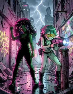 Punk Art Chaos: a cyberpunk scene where Star Diopseed and Chrome Diopsode stand side‑by‑side amid a wrecked neon‑lit alley. Star Diopseed, captured from the reference image, adopts a defiant pose, clenched fists raised, silhouette framed by flickering pink and green light. Chrome Diopsode, also faithful to the reference, leans forward with a gritty smirk, one hand resting on a rusted pipe, the other ready to fire a holo‑projector. The chaotic, high‑contrast linework shows grungy textures on cracked walls, spray‑painted symbols, and shattered holo‑screens. Neon pinks, yellows, and greens dominate the palette, casting vibrant glows on the characters' outfits and reflecting off wet pavement. Dynamic composition places the two figures in the foreground, their rebellious energy echoing the dystopian atmosphere, while distant skyscrapers crumble under a storm of electric static. The whole scene pulses with intense, apocalyptic aesthetic, blending sci‑fi and urban decay seamlessly. style