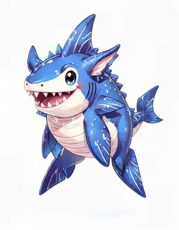 A soft, hand-painted Pokemon creature illustration of a shark-like pokemon with a stubby rounded body on two short sturdy legs, a big head with a wide toothy grin, a tall fin on its back and a crescent-shaped tail fin, its body coloured cream with white accents, bold blue tiger stripes across its back, sides, legs and tail, water type, with fish-fin ears, a tall fin crest on its head, a fin ridge down its back and a wide fish fin at the end of its tail, the fins deep ocean blue with white webbing, its skin sleek and wet-looking, dragon type, with smooth scales with a pale ridged belly, two curved horns on its head, a row of spikes down its back, small leathery wings and a thick tapering scaled tail, Blue small spikes, Big jaw, Long Teeths, Long tail. Rounded shapes, expressive anime eyes and appealing proportions with a slightly oversized head and a compact body; a silhouette that reads at a glance. Clean, thin, slightly organic pencil-like outlines. Familiar Pokemon design language: believable creature anatomy, simple colour blocking, elemental traits integrated naturally into the body, selective detail, clear personality. Soft colours, creamy highlights, gentle cel shading blended with painterly gradients, subtle watercolour and gouache texture on faint paper grain, matte softly illustrated surfaces. Show the full creature standing in a three-quarter pose, centred on a plain white background.
