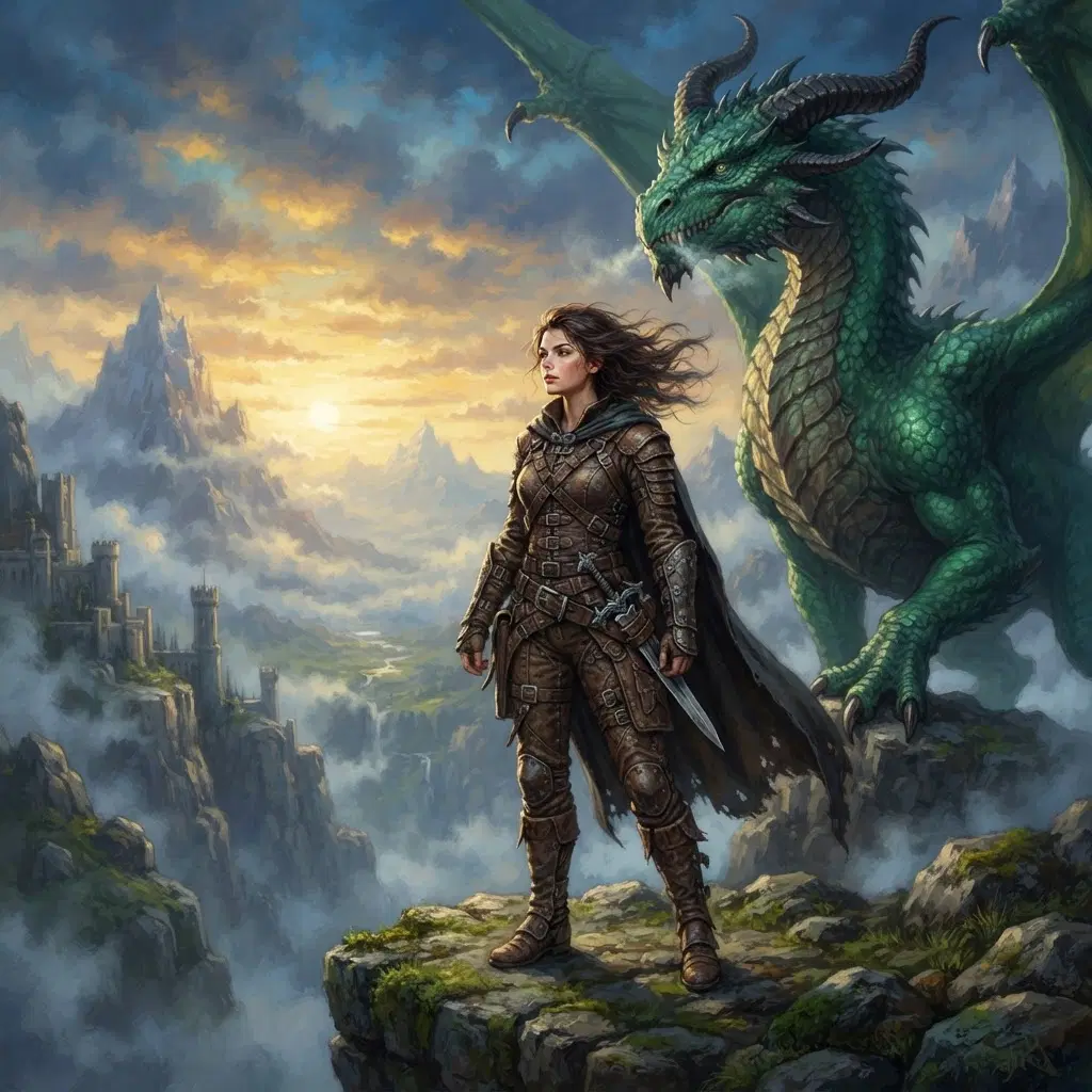 young woman dragon rider in worn brown leather flight gear with straps and buckles, dagger at her hip, wind-blown dark hair, standing on high war-college cliffs at dawn, a large emerald green dragon with curved horns looming behind her, mist and dramatic sky, painterly fantasy book cover illustration, full body