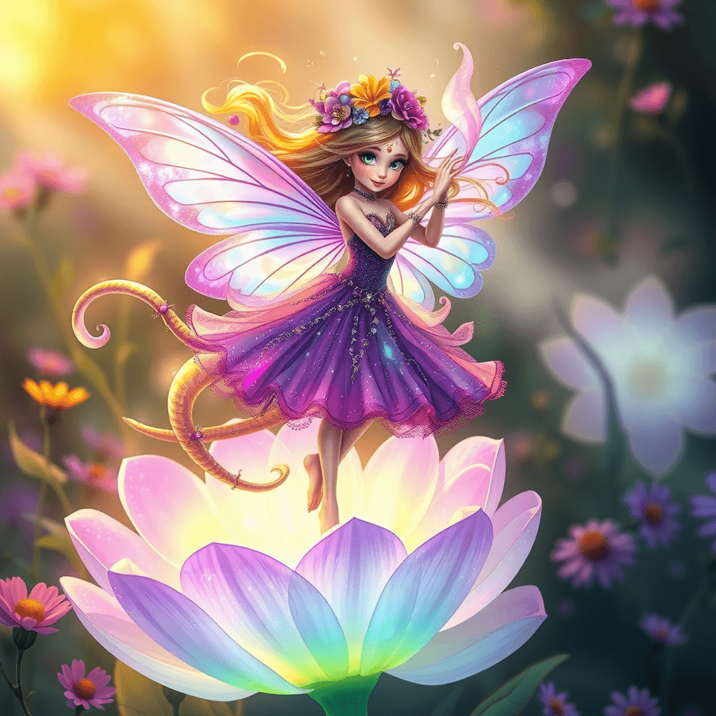 "in a dreamlike, verdant realm, where golden sunlight dissolves into nebulous wisps, a delicate flower fairy performs a whimsical pirouette on a glowing, luminescent purple flower, surrounded by an otherworldly realm of flowers that bloom in every direction, twisting and curling like celestial tendrils. her wings are an hypnotic vortex of iridescent colors, swirling and undulating like a mystical aura, radiating an ethereal, holographic glow. her face is a kaleidoscope of joy and mischief, with shimmering, tourmaline green eyes and a constellation of glittering freckles across her cheeks, as if stars have descended to adorn her skin. she wears a flowing, tulle-like gown of merged pastel hues, resembling a delicate, crystalized petal. her long, serpentine hair uncoils like a rainbow-hued dragon, flowing in the whispering wind, entwined with a floral diadem that bursts with glittering, crystalline blooms. the background dissolves into a haze of kaleidoscopic flowers, hovering in mid-air as if suspended by an invisible breeze, while the foreground remains sharp, with stamens or petals delicately entwined in a marriage of reality and fantasy."