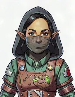 Redraw the person in the reference image as a character portrait of female, them, fully clothed, Medium, long pointed elf ears, freckles across the nose, mysterious and shadowed, in the style of Dungeon Crawler Carl, faithful to its official art style, vivid saturated colors, head and shoulders, facing forward, plain flat white background. Keep their face, hairstyle and distinguishing features clearly recognisable as the same person.