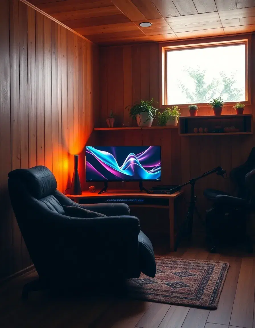 "Cozy gaming room with warm wooden textures, soft amber lighting, single ultra-wide monitor, comfy chair, plants and shelves, minimal RGB, peaceful and relaxing vibe, ultra-detailed, photorealistic, aesthetic cozy gamer setup