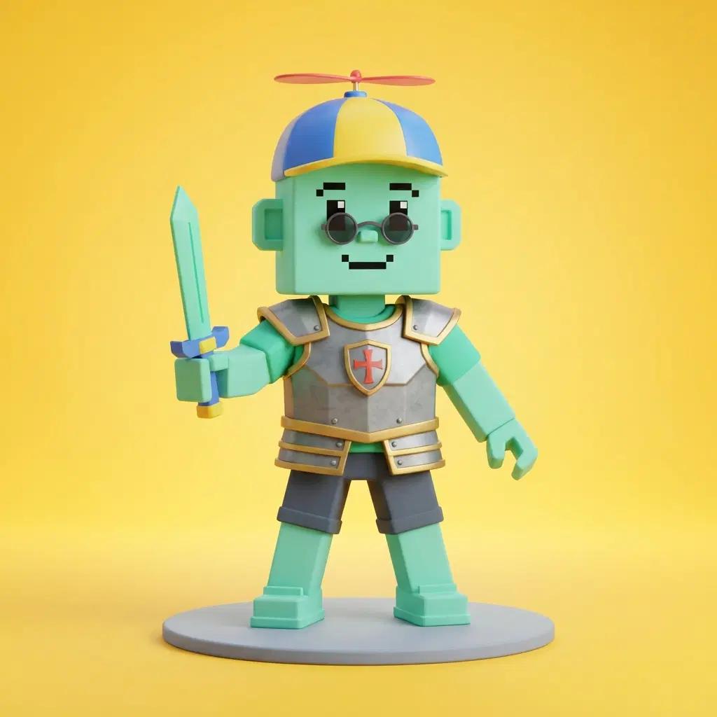 blocky 3D avatar character, boxy body, flat mint green skin, knight armour chest piece over a plain tee, small round shades, propeller cap accessory, holding a toy sword, bright yellow studio background