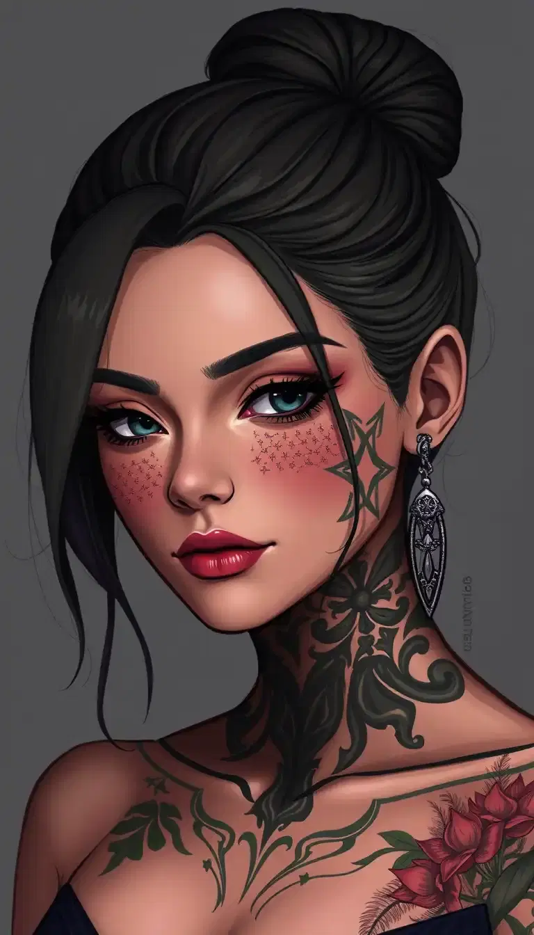 original user prompt due to the edit request about printing tats on the face of a female character in the portrait.