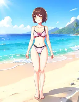 Redraw as a full‑body shot from head to feet, standing relaxed in a neutral pose on the bright beach with the sea behind, keeping the character, hair, outfit and colors exactly the same.