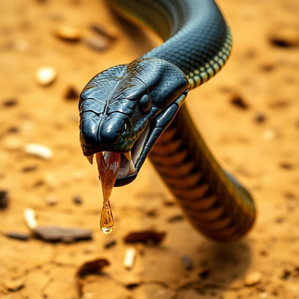 A dramatic close-up of a Black Mamba striking at high speed, its fangs bared and venom dripping from its bite. The motion blur emphasizes the sheer quickness of its attack, while its muscular body is fully extended in an aggressive display. The environment is dry, with scattered leaves and cracked earth beneath it, reinforcing its role as one of the most feared snakes in the world. The danger is palpable, yet there’s an undeniable elegance in its lethal precision.