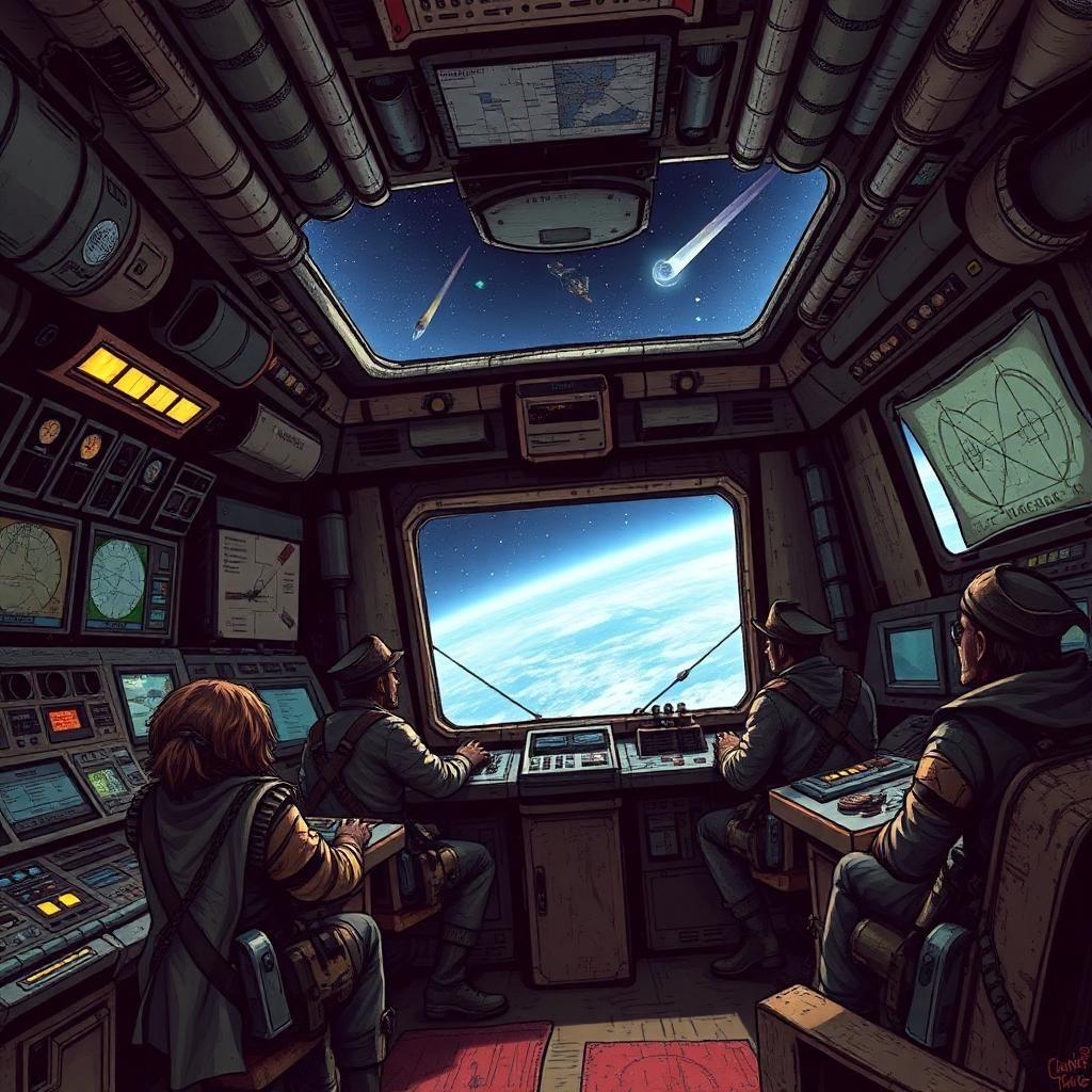 Inside the control room of a space pirate ship, the atmosphere is tense and chaotic. Pirate crew members, wearing a mix of tattered clothing and armored gear, work at various stations, monitoring star charts and tracking enemy ships. The control panels are old and worn, with flickering lights and patched-up machinery. Through the large viewport, the vastness of space can be seen, with distant stars and passing comets. The ship's interior is filled with rough, utilitarian furnishings, and the hum of the ship’s engines is constant in the background.