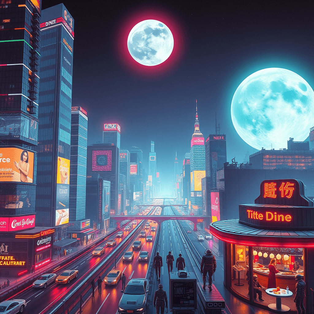 A sprawling retrofuturistic cityscape inspired by 1980s sci-fi visions of the future. Neon-lit skyscrapers stretch into the sky, their reflective glass surfaces covered in glowing advertisements for fictional products. Hovering cars zip through the air on electromagnetic highways, leaving streaks of light behind them. Citizens wear sleek, chrome-lined jumpsuits as they walk along floating sidewalks, while robots serve food at a bustling open-air diner beneath a massive, holographic moon.
