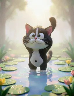 Figaro stretches upward above a tiny lily pond, his silhouette edged by soft morning mist and dew‑kissed lily pads, a focused expression bright beneath gentle rim lighting. The scene glows with stop‑motion claymation texture, bright baked‑in shadows, and a soft pastel glaze that gives the pond surface a glistening, dreamy sheen, while a shallow depth of field keeps Figaro crisply in focus.
