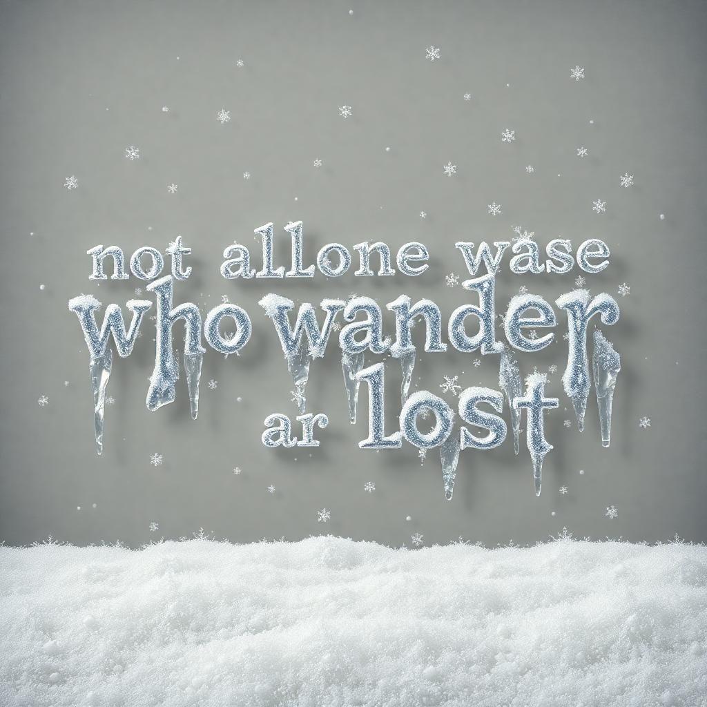 background: thick layer of snow covers a flat, muted grey-white background, with delicate ice crystals suspended in mid-air, giving it a frosty appearance.

subject: the words "not all those who wander are lost" are crafted out of delicate, glittering silver ice, adorned with frosty filigree and sprinkled with sparkling snowflakes. the letters float on a bed of soft, ivory-colored mist, with intricate patterns of snowflakes weaving around them. delicate icicles hang from the words, glistening with an ethereal light. the words themselves are adorned with tiny, delicate snowflakes that resemble tiny stars, adding a touch of whimsy to the design.

emotions: the overall atmosphere evokes a sense of serene contemplation, as if inviting the viewer to step into a winter wonderland of peace and tranquility. the delicate, lacy patterns of ice and snow create a soothing melody that calms the mind and lifts the spirits.

art style: the artwork blends a sense of darkness and melancholy with the peaceful, serene qualities of snow and ice. the grey-white background provides a somber contrast to the delicate, glittering words, creating a sense of depth and texture. the artwork has a haunting beauty, as if it's a scene captured by a distant, snowy moon.