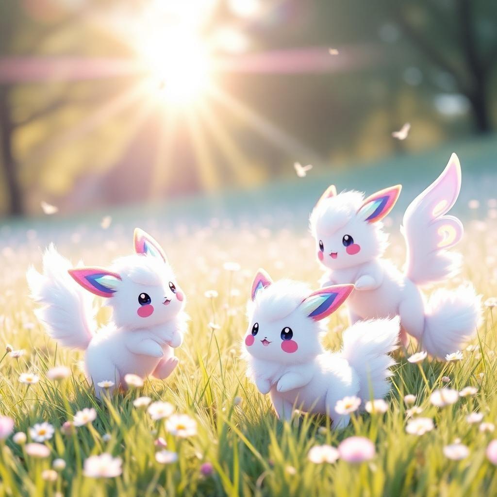In a pastel meadow, ultra-fluffy, adorable Pokemon with iridescent fur frolic joyfully. Their fur shimmers like a rainbow in the sun, radiating pure bliss and purity. Each Pokemon playfully interacts in a whimsical art style that exudes warmth and happiness. The setting overflows with an abundance of fluff, creating a mesmerizing and enchanting atmosphere.