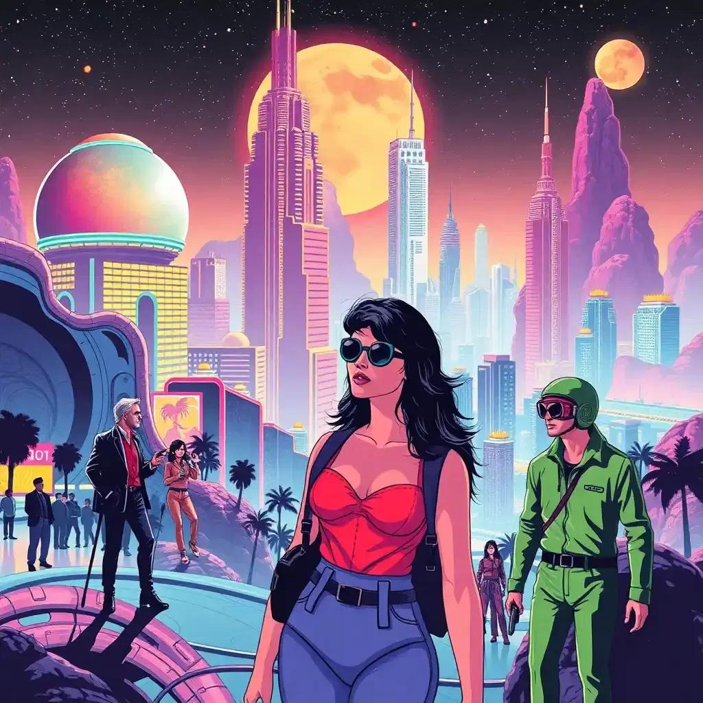 Illustrate a futuristic celebration of retro design, with human figures illustrated in bold pop art colors, set against a shimmering city that mirrors an explorer's paradise from another era. The vibrancy encapsulates a society that blends the ideals of futuristic optimism with timeless style.