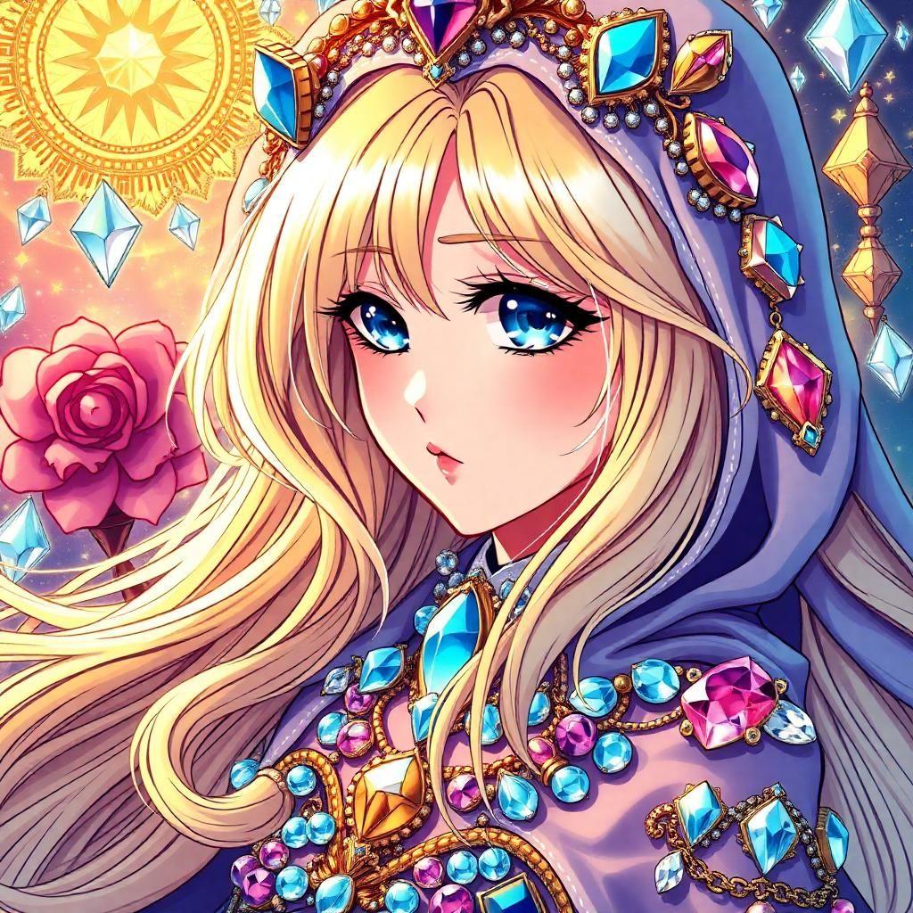 craft a mesmerizing anime character cloaked in jewels and gems, with flowing blonde locks and enchanting blue eyes. place her in a dazzling, vintage comic book world bursting with bejeweled details that blur the boundary between fantasy and reality.