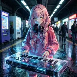A close‑up, asymmetric composition of Sakura, an anime‑style female cyberpunk busker, positioned off‑center beneath an elevated train platform. She plays a futuristic transparent synthesizer keyboard with glowing controls, headphones draped around her neck, while holographic sound waves ripple from the instrument. Neon glow casts vivid edge lighting on her outfit and the wet, rain‑slick pavement, creating sharp specular highlights and deep cool shadows. The background recedes unevenly: vending machines and passing commuters blur into a buttery shallow‑depth‑of‑field, while a slight dutch tilt adds tension. The frame edges feel intimate, pressing close to Sakura’s face and hands, emphasizing texture and light, with dynamic, organic asymmetry guiding the eye across the scene. Detailed anime art, ultra‑realistic cinematic rendering in 16k, character lock, outfit lock, face lock, tattoo lock, anatomy lock, and environment morphing.