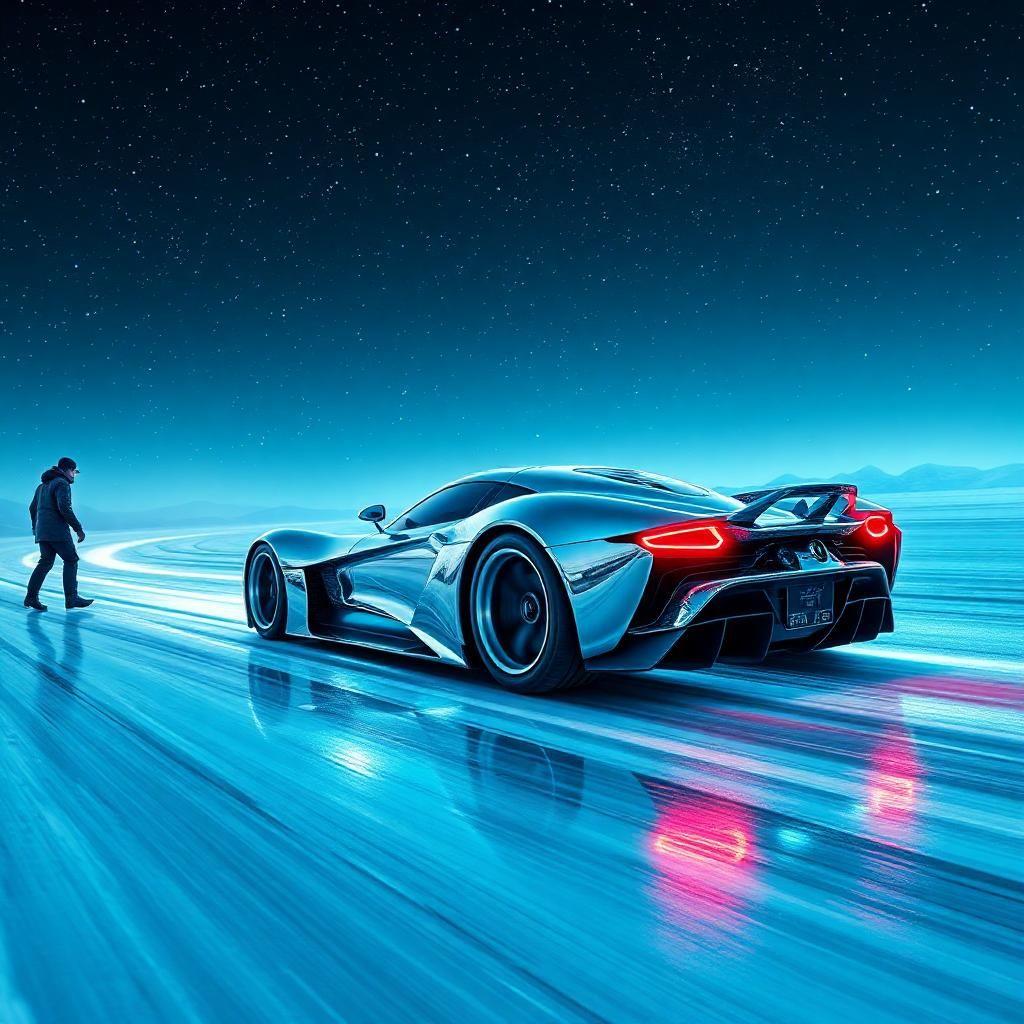 movie scene: "neon velocity"

enter a futuristic, hyper-real world where the chrome-coated supercar, with ice blue pulsing accents, races down a frozen drag strip. the car, gleaming like a diamond, skims the icy road under a sapphire sky filled with twinkling stars. a lone figure watches from the shadows, adding mystique to the electrifying pursuit. the camera spirals around the car, capturing its stunning design and otherworldly energy, creating a mind-blowing visual experience.