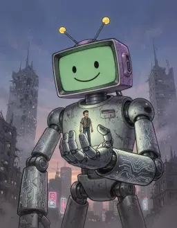 a 2d cartoon‑style robot rendered in a light cool green (hex #6a9275) with a rectangular television‑shaped head: the screen area a solid green panel, the sides of the head painted a soft light purple, two bright yellow antennas perched on top, two simple black dots serving as eyes, and a friendly black smile curving across the screen. the robot’s full body is sleek and stylized, with smooth metallic limbs and a playful, approachable silhouette. the scene centers on a colossal, highly detailed robot with intricate circuit patterns etched into its arms and torso, holding a tiny human figure about 1–2 cm tall in the palm of its massive hand. the robot’s fingers curl gently around the miniature person, who looks up with a mixture of fear and awe. the robot’s skin has a subtle sheen that catches ambient light, suggesting advanced metallic alloys. behind them looms a dystopian cityscape at dusk, under a deep indigo sky streaked with purple and blue. towering, partially damaged skyscrapers rise in the background, their silhouettes softened by a fine mist of pollution or smoke. faint neon lights flicker in the distance, hinting at a city transitioning into night. the artistic style follows enki bilal’s “nikopol trilogy” aesthetic: precise, realistic linework blended with a cold, mechanized feel, smooth brushwork, and highly detailed shading. colors are muted cool tones—blues, greys, and purples dominate, while the robot’s green and purple accents stand out. the composition is a low‑angle view looking up at the robot’s hand, emphasizing its enormity; the setting sun casts long shadows, highlighting metallic textures, and a soft reflected glow illuminates the tiny human figure. overall mood is somber yet hopeful, with a cool palette creating an eerie, reflective atmosphere, while the tiny human adds a touch of warmth. high‑detail rendering, precise linework, and sci‑fi narrative elements combine to produce a striking, futuristic scene.