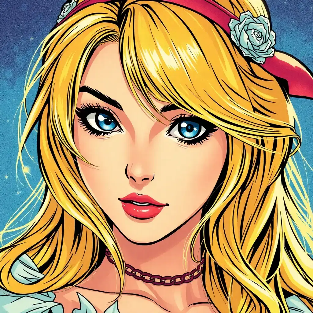 Create a spellbinding femme anime character, adorned with cascading locks of blonde hair and entrancing blue eyes, reminiscent of a fairy tale enchantress. Immerse her in a vibrant, vintage comic book universe, where each detail pops with color and precision that blurs the lines between fantasy and reality.