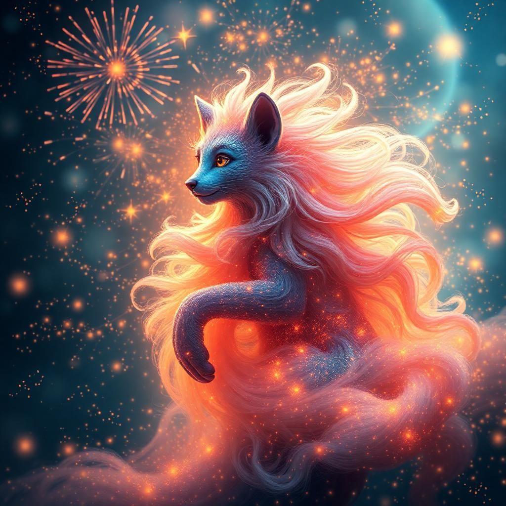 Immerse yourself in the celestial opera crafted by the brilliant imagination of 'Melodia,' where vibrant soundscapes converge with fireworks of light. Captivate your senses as the melodious hues weave stories of wonder, and her sparking fur reflects the timeless dance of light and harmony, leaving you breathless in this dreamlike concerto.
