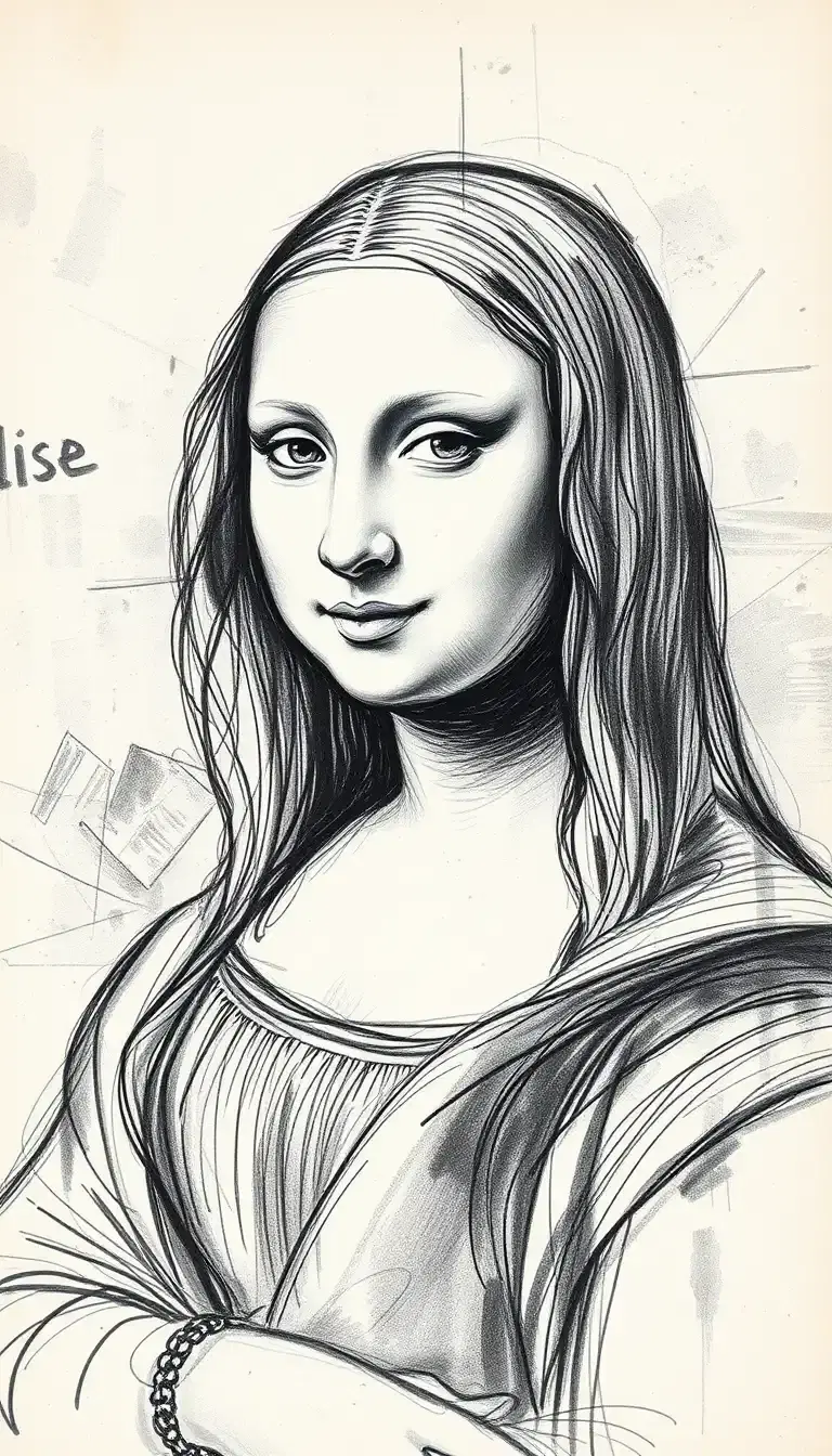 A detailed Portrait ,rough charcoal sketch on old paper, The Mona Lisa as theLisa,clean line art:: expressive line,in the style of expressive sketch drawing, hatching, color sketch, hand drawing, sketching, linear style:, in the style of Rolf Armstrong, Frank Frazetta, Jeremy Mann, Carne Griffiths, Robert Oxley, illustration, painting, architecture, dark fantasy