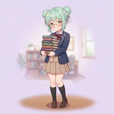 original visual novel style anime school girl, literature club member, mint twin buns, glasses, stack of books, digital illustration