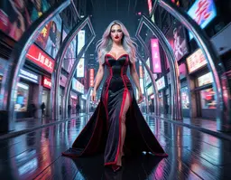 lola reve in an art‑deco cyberpunk metropolis, wearing a sleek neo‑classical gown with red‑black accents, long silver hair catching neon reflections, striking red lips and black eyes, surrounded by chrome‑finished geometric arches, glowing neon kanji signs and holographic billboards, wet reflective pavement; mid‑step, low‑angle zoom burst view with radial motion blur and streaked light trails radiating from the center, central subject crisp while peripheral elements vortex‑blurred, neon‑lit chiaroscuro lighting highlighting her face and hair.