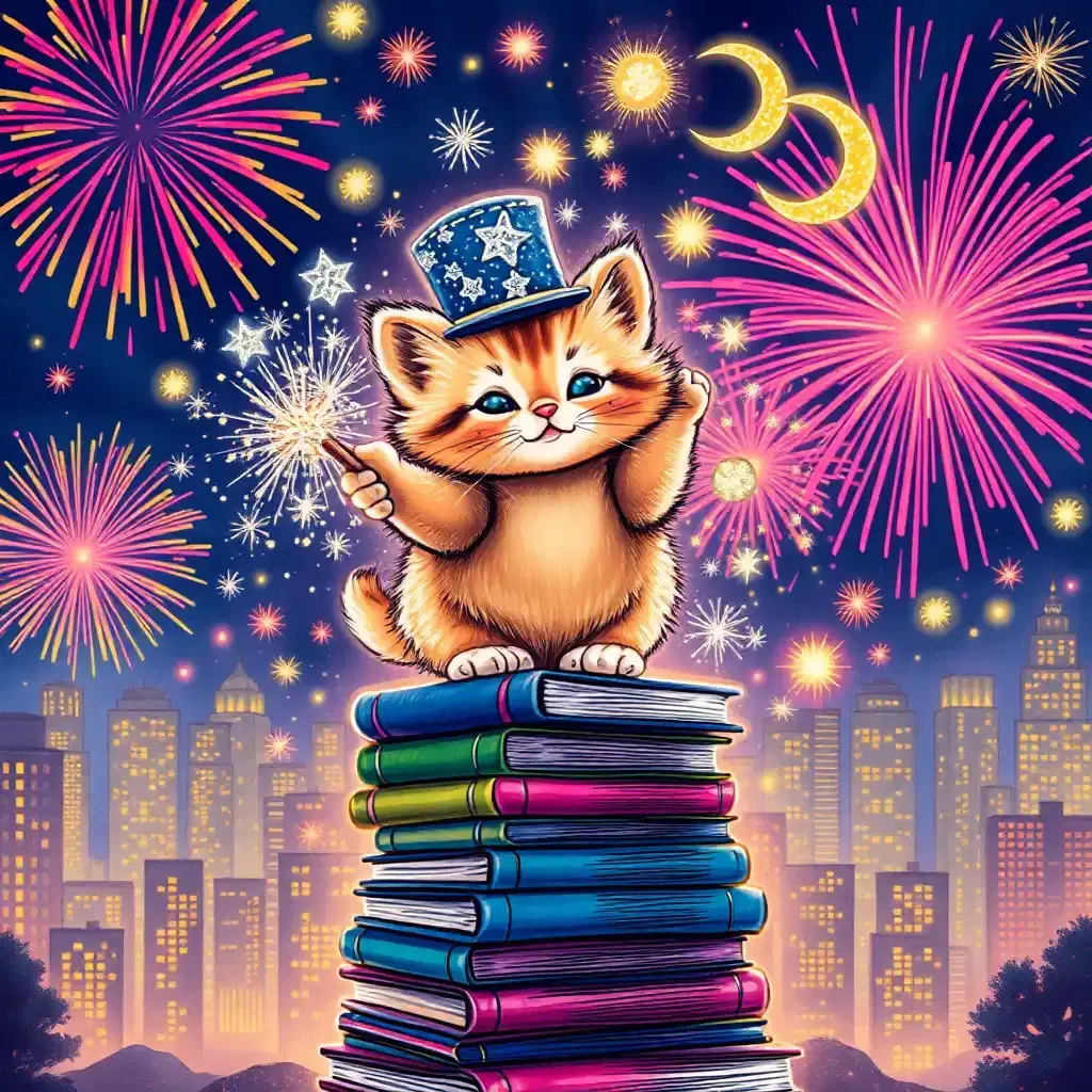 in a vibrant new year's scene, a chubby kitten bursts with magic, surrounded by a kaleidoscope of colors. it wears a tiny, glittering top hat adorned with sparkling silver stars, standing on a towering stack of books that shoot up like a fireworks explosion. 

the kitten's fur shimmers with a mesmerizing glow, as it holds a wand that shoots out glittering sparks, amidst a backdrop of a cityscape transformed into a dazzling fireworks display. 

glittering stars, a radiant crescent moon, and glowing potions dance in the air, as the kitten's magic brings the new year's fireworks to life. the scene is filled with a sense of wonder and excitement, as the kitten's sparkly magic illuminates the night sky. 

the detailed line art is a mix of traditional and digital media, with bold lines and vibrant colors that invite the viewer to join in the magical celebration. the kitten's emotions are one of pure joy and excitement, as it revels in the magic of the new year's fireworks.