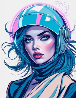 regal woman in high‑fashion, confident pose, dramatic eyes and luxurious hair swirling amid vibrant sketch‑like lines, rendered in cool blues, teals, soft violets and blue‑gray shadows; infused with a bold vibe futuristic aesthetic—curvilinear, otherworldly forms, bold outlines and vibrant analogous colors reminiscent of 80s‑90s sci‑fi pulp novels, with striking neon accents and surreal graphic textures; stylized close‑up face with dramatic eye detail, flowing garments outlined in crisp metallic highlights that glow like glass‑like steel, **wearing a 1950s spacefarer astronaut helmet with a chrome gleam and a retro-futuristic vaporwave glow, a pastel neon halo surrounding it,** set against a soft, nostalgic background that evokes serene chaos and introspection, delivering a sophisticated modern fashion illustration as a stunning sci‑fi masterpiece.