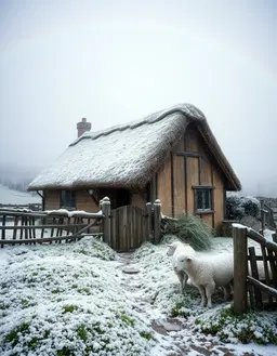 a rustic thatched‑roof cabin in the british countryside battered by an enraged snowstorm, rendered in a luminous pearl color treatment with iridescent off‑white tones, subtle pink and silver undertones. low‑angle wide shot following the rule of thirds shows swirling white wind, misty fog, and frost‑kissed snowflakes around the wooden fence and charming gate. lavender‑hued rays illuminate rolling green patchwork fields dotted with fluffy white sheep and a faint rainbow arching overhead. film‑grain texture, shallow depth of field, extreme detail, all unified under a dominant pearl palette.