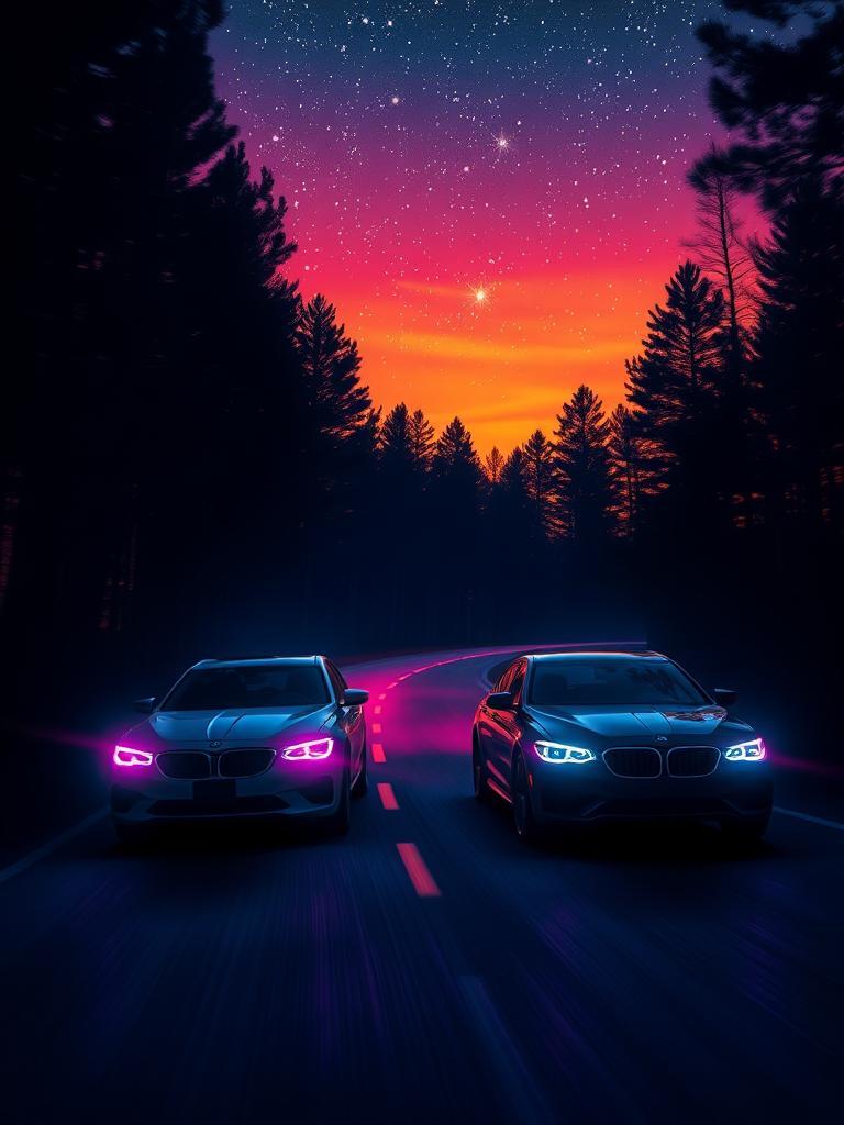 Two cars speed through a dark forest beneath a vivid, starry night. The scene is awash with colors reminiscent of a sunset, shifting elegantly from warm oranges to deep blues. Each car emits an ethereal glow, their outlines traced in soft pinks and purples, lending a dreamy atmosphere. The headlights cast shadows, turning the trees into silhouettes painted in sunset hues. This ethereal chase feels both romantic and mysterious, capturing the enchantment of twilight. The cars are placed along a spiral path that follows the Golden Ratio, naturally leading the viewer's eye through the frame, creating an experience of balance and harmony as the story unfolds.