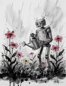 a robot with a watering can tending plants and flowers in a rainy garden, rendered in calligraphic abstraction style with sweeping sumi‑ink strokes, bold black lines on a luminous white background, ink splatters and dry‑brush trails adding dynamic tension.