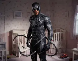 will smith portrayed as a mischievous babysitter, standing in a dimly lit nursery, his face half-turned toward the camera with a sly grin. he is clad in a menacing full-body spider costume: a matte black bodysuit adorned with intricate silver web patterns, large glossy spider eyes embedded in a hood, and a long, articulated tail that curls around his waist. the costume’s texture is a blend of matte fabric and subtle metallic sheen, giving it a realistic, almost eerie appearance. the lighting casts sharp shadows, emphasizing the contours of the costume and highlighting the dramatic, theatrical expression on will smith’s face. the background is a cozy, slightly cluttered nursery with pastel wallpaper, a small crib, and a few toy cars scattered on the floor, contrasting the sinister vibe of the babysitter’s attire.
