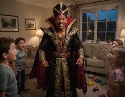 will smith portrayed as a playful father dressed in an elaborate, golden‑trimmed evil jafar costume, standing in a modest, warmly lit living room of a small house in warrington. the scene is a close‑up, dramatic action‑movie style shot capturing his menacing smile and flamboyant jafar robes, complete with flowing cape, ornate headpiece, and shimmering gold accents. around him, his children, wide‑eyed and slightly frightened, stare at their dad in the villainous outfit, their faces illuminated by soft indoor lighting that casts gentle shadows. the room features cozy domestic details – a couch, a few toys scattered on the carpet, and a window showing a faint glimpse of the evening sky – all providing a contrast between the ordinary home setting and the larger‑than‑life, theatrical costume. the composition emphasizes the vivid colors of the costume, the expressive facial emotions, and the playful yet slightly eerie atmosphere of a surprise costume moment.