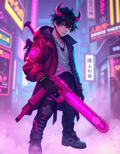 Denji, a young man with a chainsaw-like devil contract attached to his body, rendered as cyberpunk digital art with neon lighting and futuristic elements