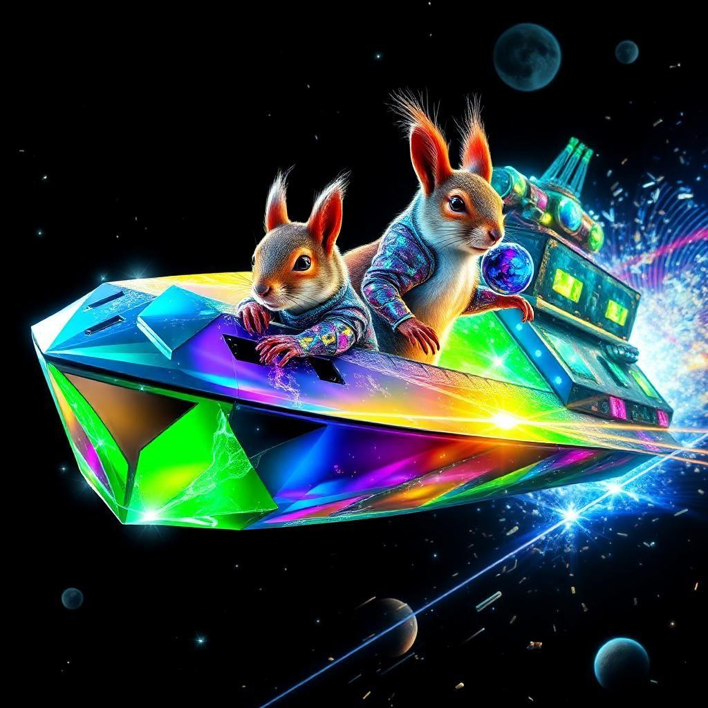 "imagine a gleaming, giant spaceship destroyer, its metallic surface transformed into a dazzling spectacle of iridescent colors, shaped like a thousand spinning diamonds. its hull crackles with electric-blue and emerald-green sparks as the vessel thrusts through the cosmos. the destroyer's body is encrusted with glittering gemstones - rubies, sapphires, and topaz - which refract light into a kaleidoscope of colors. a space marine squirrel in a sparkling, mirrored war suit stands at the helm, its fur a vibrant mix of rainbow hues, as if infused with stardust. the suit's sleek, fiber-optic-like fabric shimmers and pulses with an otherworldly energy, reacting to the squirrel's every move. its eyes glow like tiny supernovae, illuminating the darkness as it plots its next target. the background is a deep, inky black, punctuated by stars, planets, and debris that seem to be drawn into the ship's gravitational pull like moths to a flame. the entire scene is a masterpiece of glittering, cosmic wonder, as if the very fabric of reality has been woven into a tapestry of sparkles and light."