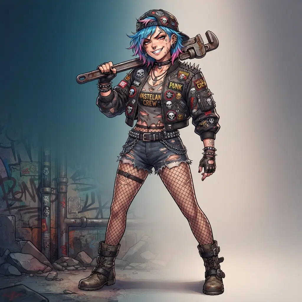 original character: a girl in a cropped bomber jacket covered in stitched patches wielding a wrench like a weapon, smirking, gritty urban trash-punk anime illustration, clean soft gradient studio background, vibrant, crisp high detail, digital illustration