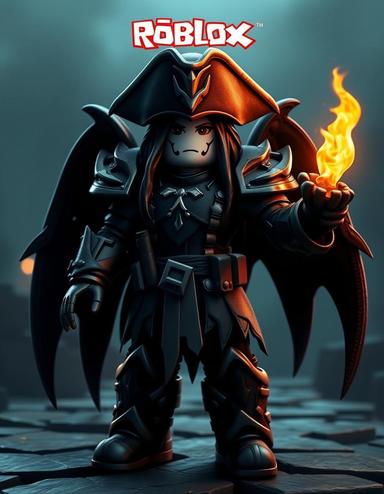 Generate a dark epic fantasy cover page Roblox game theme,the title text reading “Roblox” logo at the top of the image, create Pirate Girl outfit Roblox style, The setting takes place in the Roblox game, a high fantasy world resembling the time period of the late 1200s. the Roblox theme block, Keep in mind, Azorund’s entire body should be like an actual Roblox game, meaning he should be covered in Black and white, and Roblox logo on his chest and feet should resemble a hybrid of a Roblox Robot style.